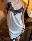 0122stepll Lace-Trim Asymmetric Satin Slip Dress