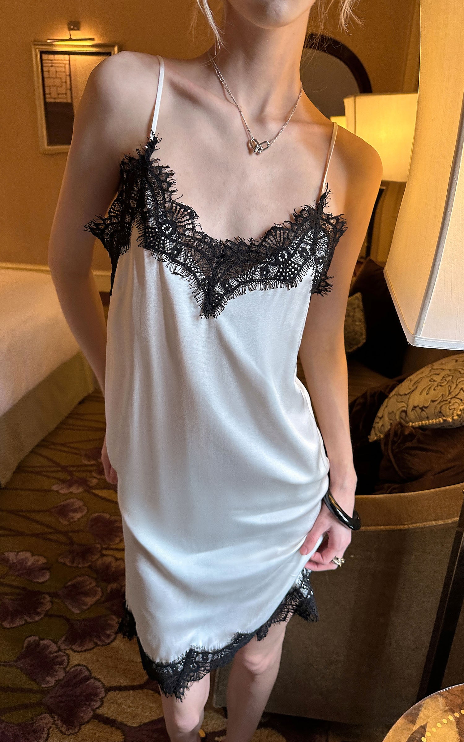 0122stepll Lace-Trim Asymmetric Satin Slip Dress