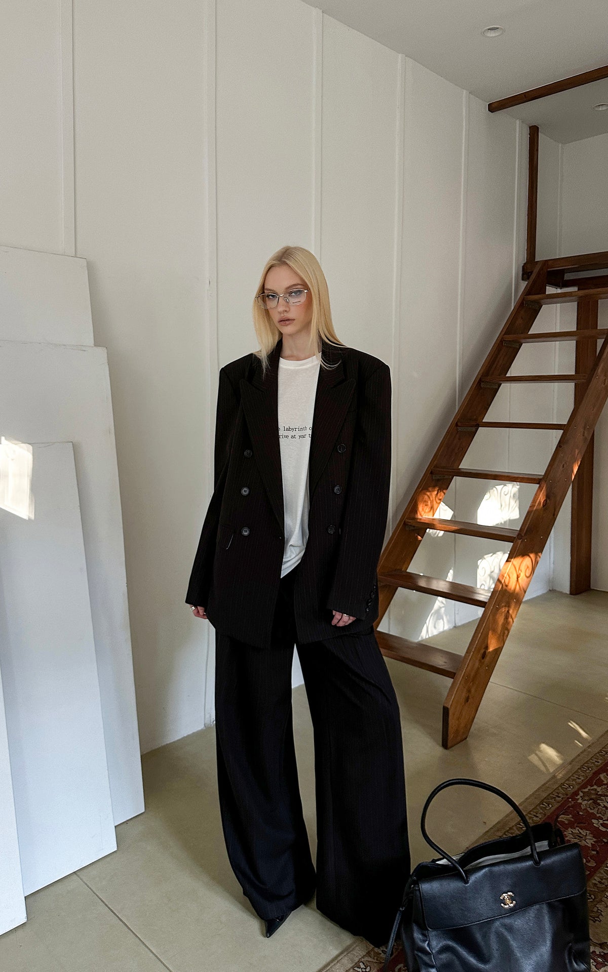 0122stepll Oversized Pinstripe Blazer &amp; Wide-Leg Pants Set