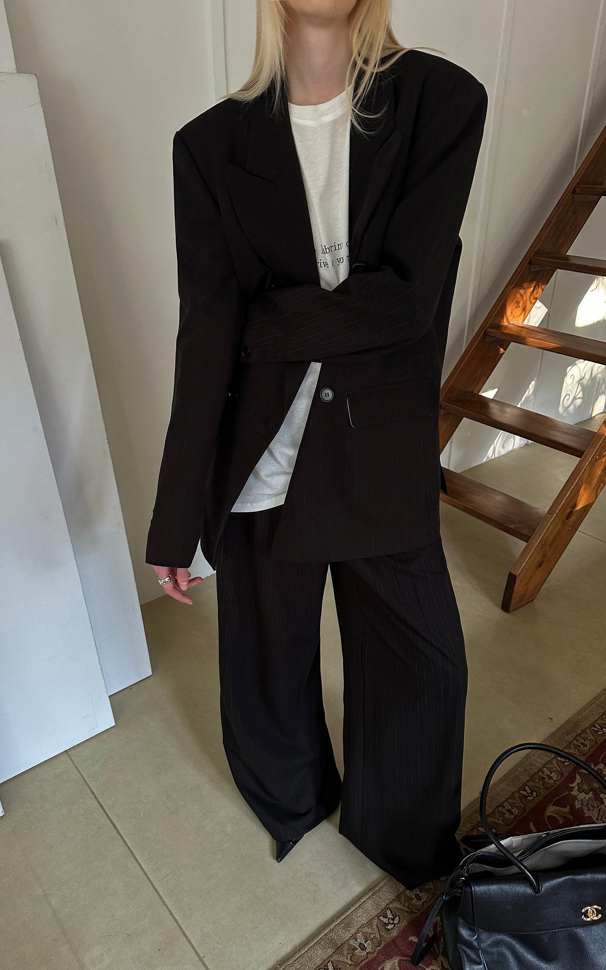 0122stepll Oversized Pinstripe Blazer &amp; Wide-Leg Pants Set
