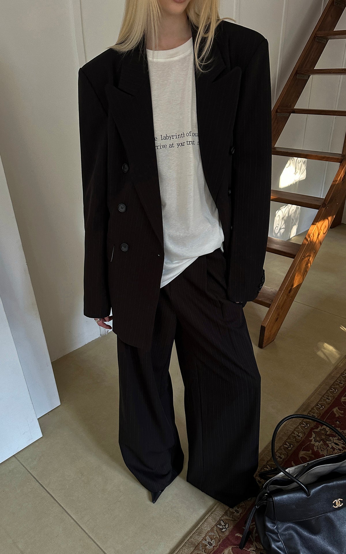 0122stepll Oversized Pinstripe Blazer &amp; Wide-Leg Pants Set