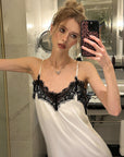 0122stepll Lace-Trim Asymmetric Satin Slip Dress