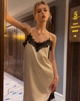 0122stepll Lace-Trim Asymmetric Satin Slip Dress