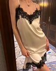 0122stepll Lace-Trim Asymmetric Satin Slip Dress