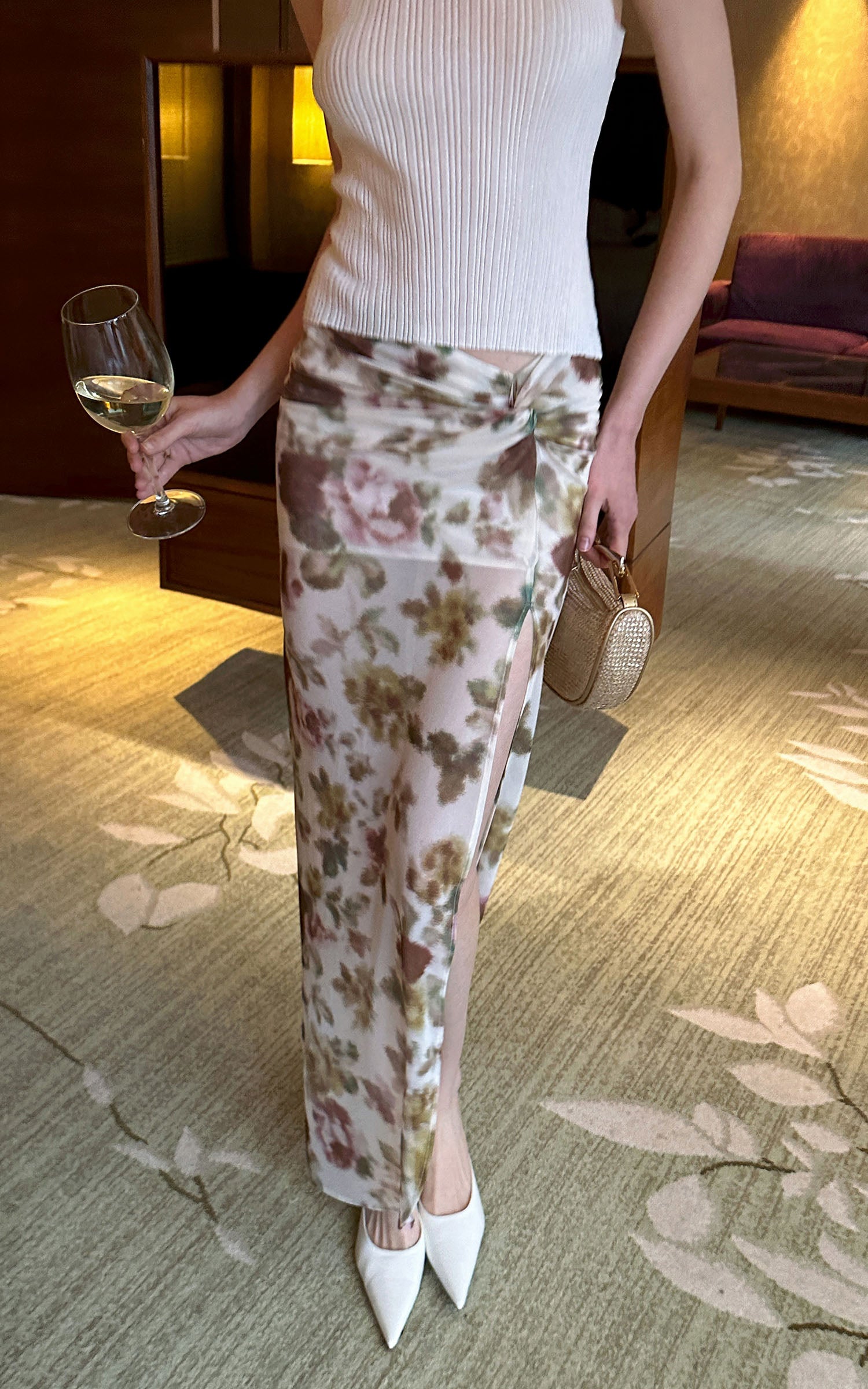 0122stepll Floral Twist Mesh Maxi Skirt
