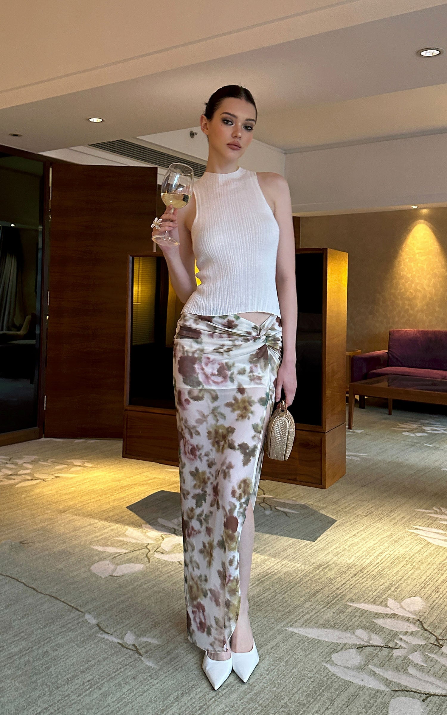 0122stepll Floral Twist Mesh Maxi Skirt