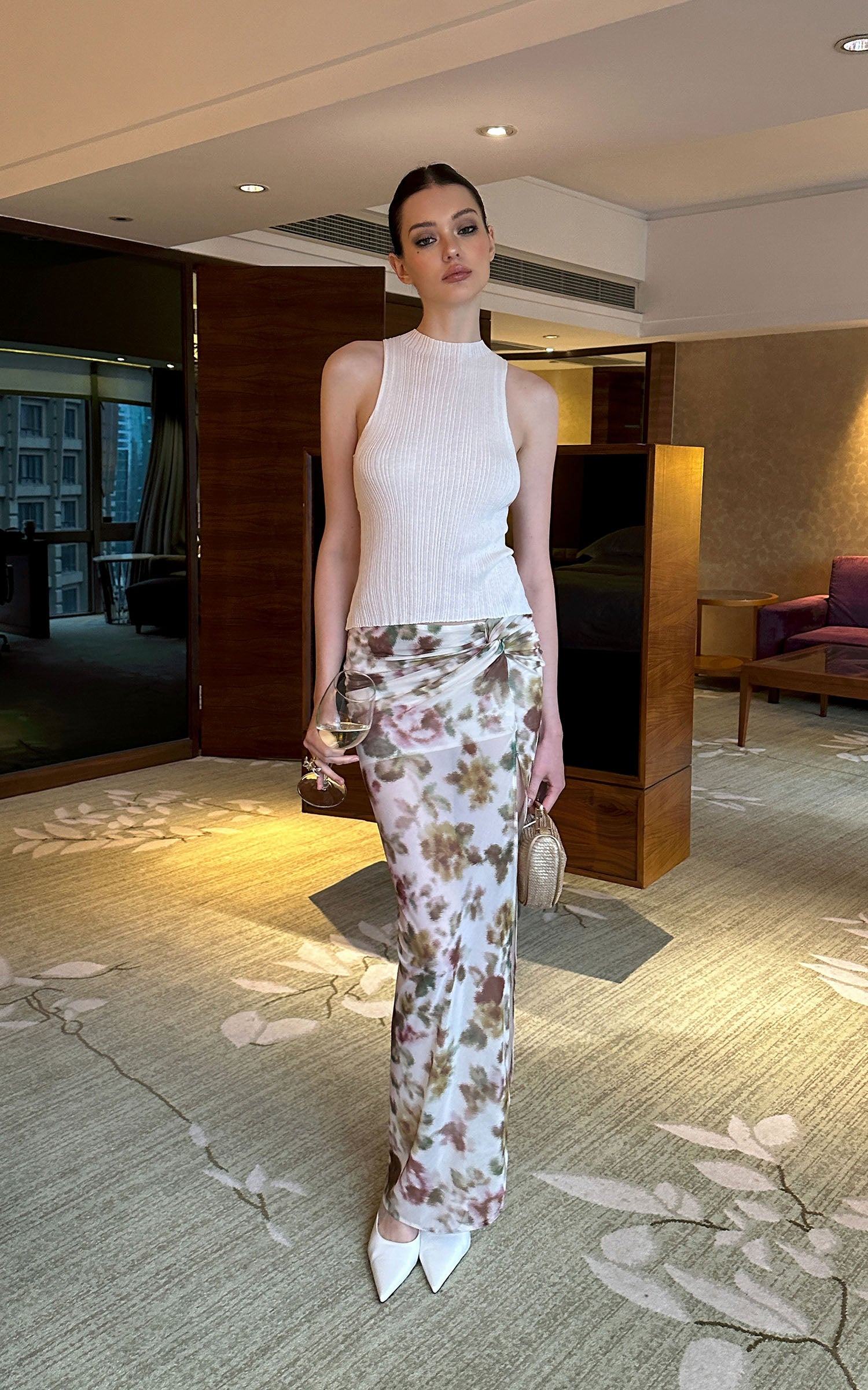 0122stepll Floral Twist Mesh Maxi Skirt