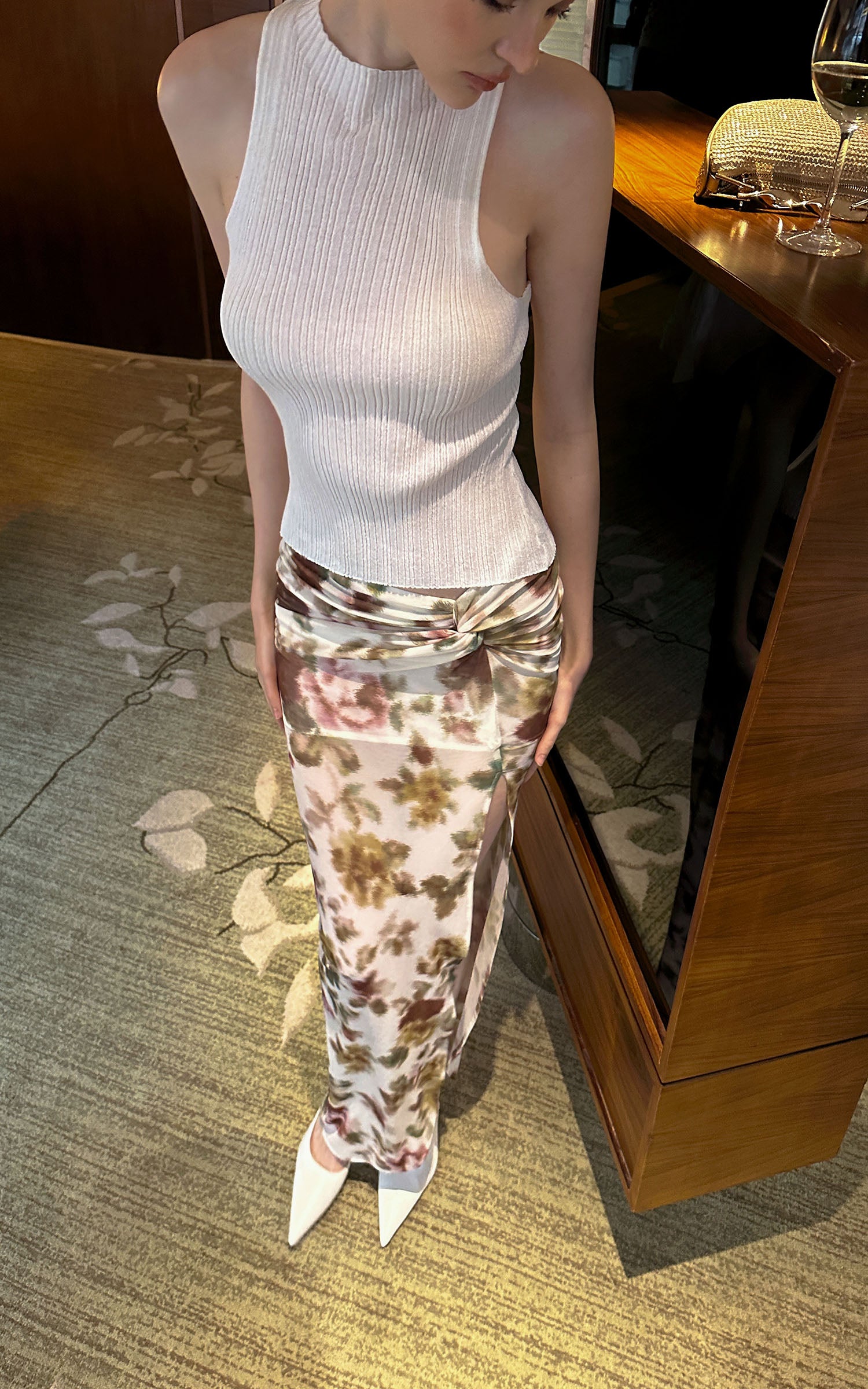 0122stepll Floral Twist Mesh Maxi Skirt