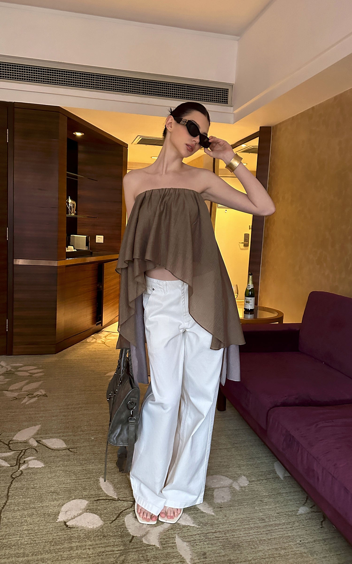 0122stepll Asymmetric Draped One-Shoulder Top