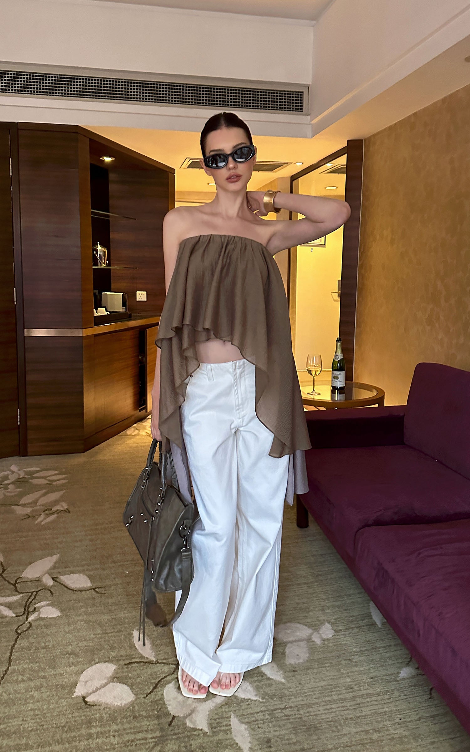 0122stepll Asymmetric Draped One-Shoulder Top