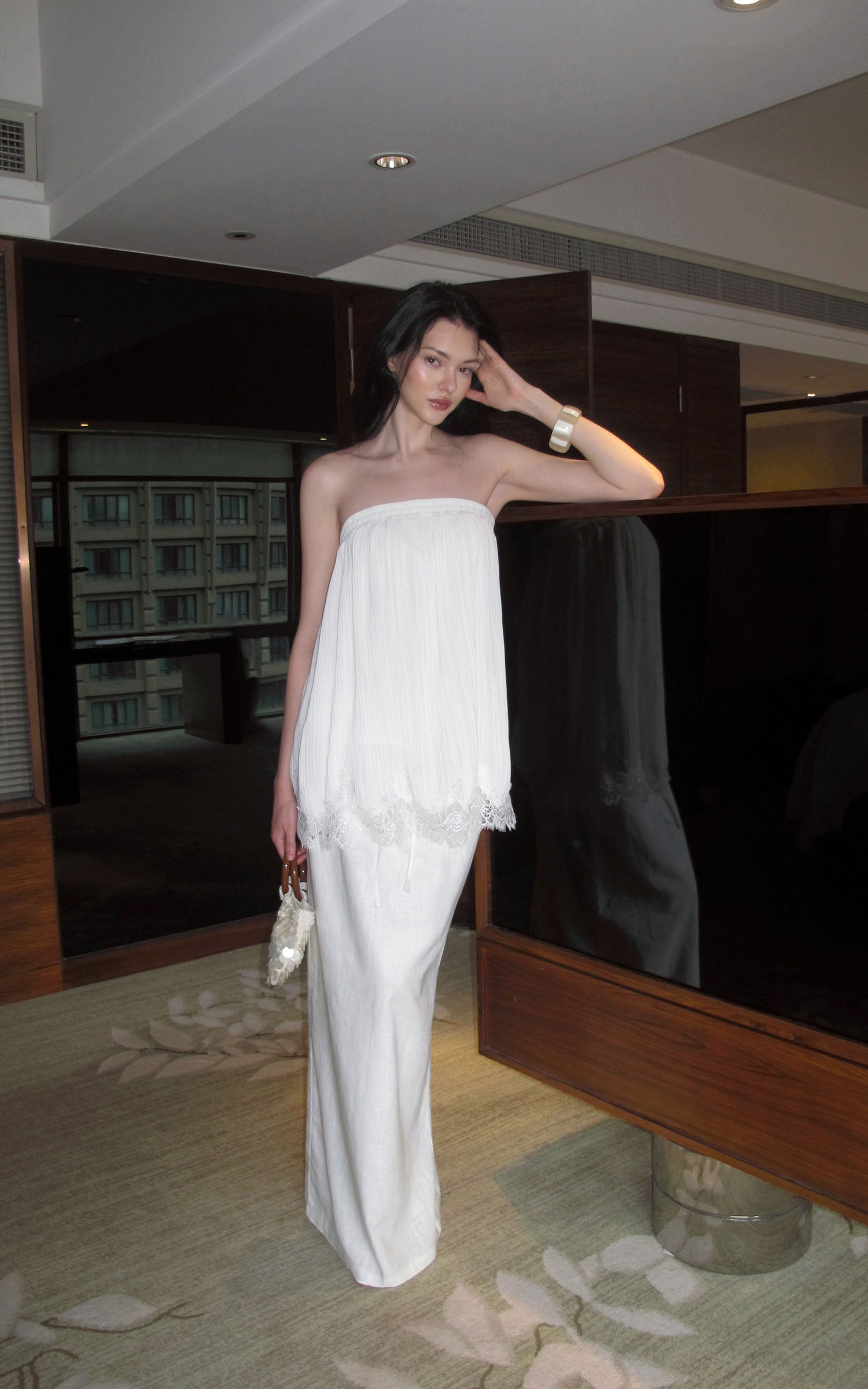 0122stepll Pleated Tube Top &amp; Long Skirt Set