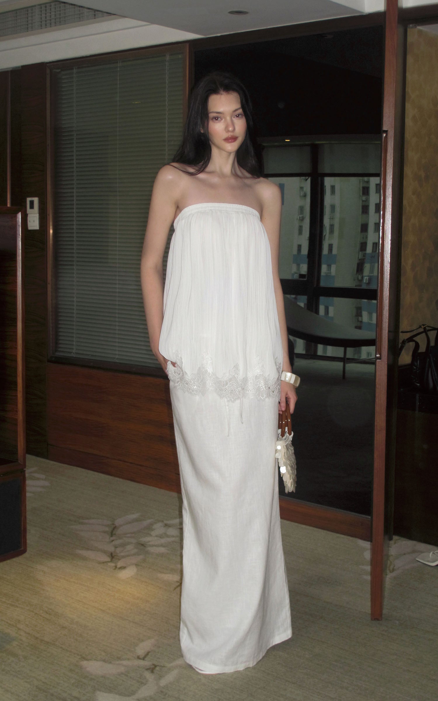 0122stepll Pleated Tube Top &amp; Long Skirt Set