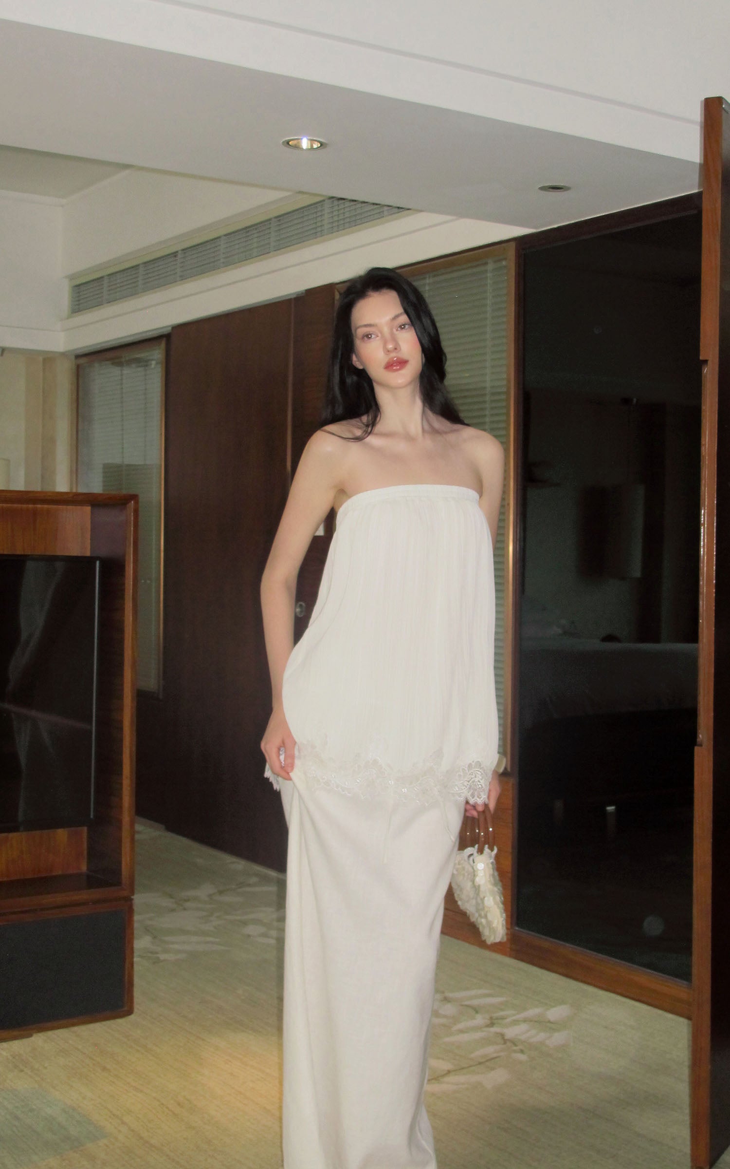 0122stepll Pleated Tube Top &amp; Long Skirt Set