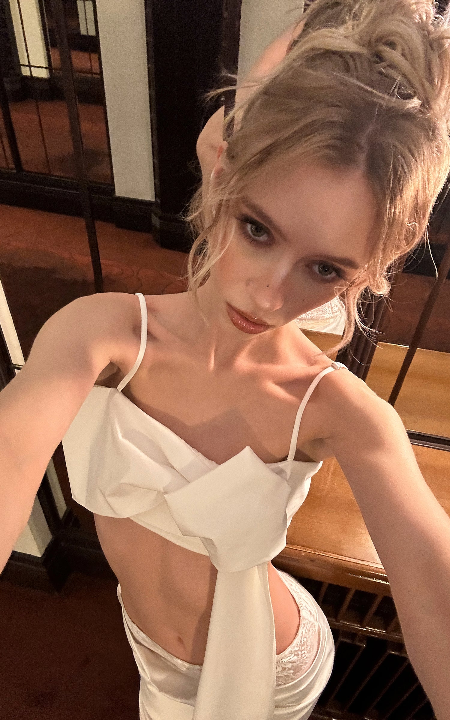 0122stepll Draped Bow Camisole &amp; Lace-Waist Satin Maxi Skirt Set
