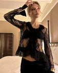 0122stepll Sheer Ruffle Lace Top & Draped Lace Skirt Set
