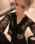 0122stepll Sheer Ruffle Lace Top & Draped Lace Skirt Set