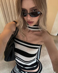 0122stepll Striped Scarf-Neck Tube Top & Maxi Skirt Set