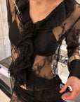 0122stepll Sheer Ruffle Lace Top & Draped Lace Skirt Set