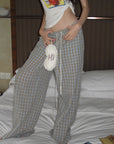 0122stepll Plaid Wide-Leg Drawstring Pants