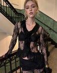 0122stepll Sheer Ruffle Lace Top & Draped Lace Skirt Set