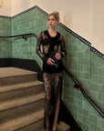 0122stepll Sheer Ruffle Lace Top & Draped Lace Skirt Set