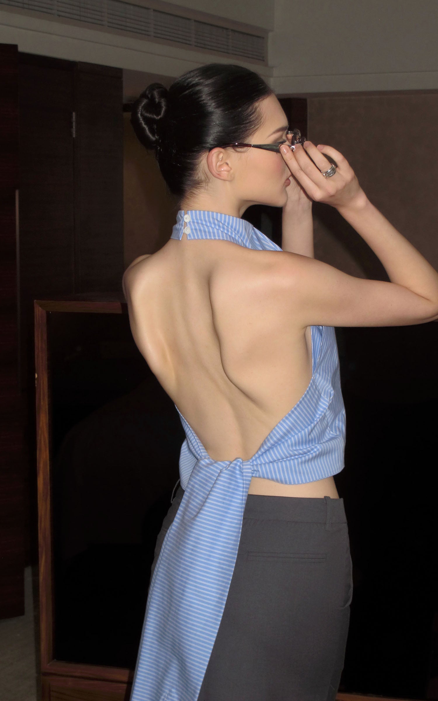 0122stepll Striped Halter Draped Top Vest