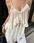 0122stepll Sheer Ruffle Tie Camisole Top