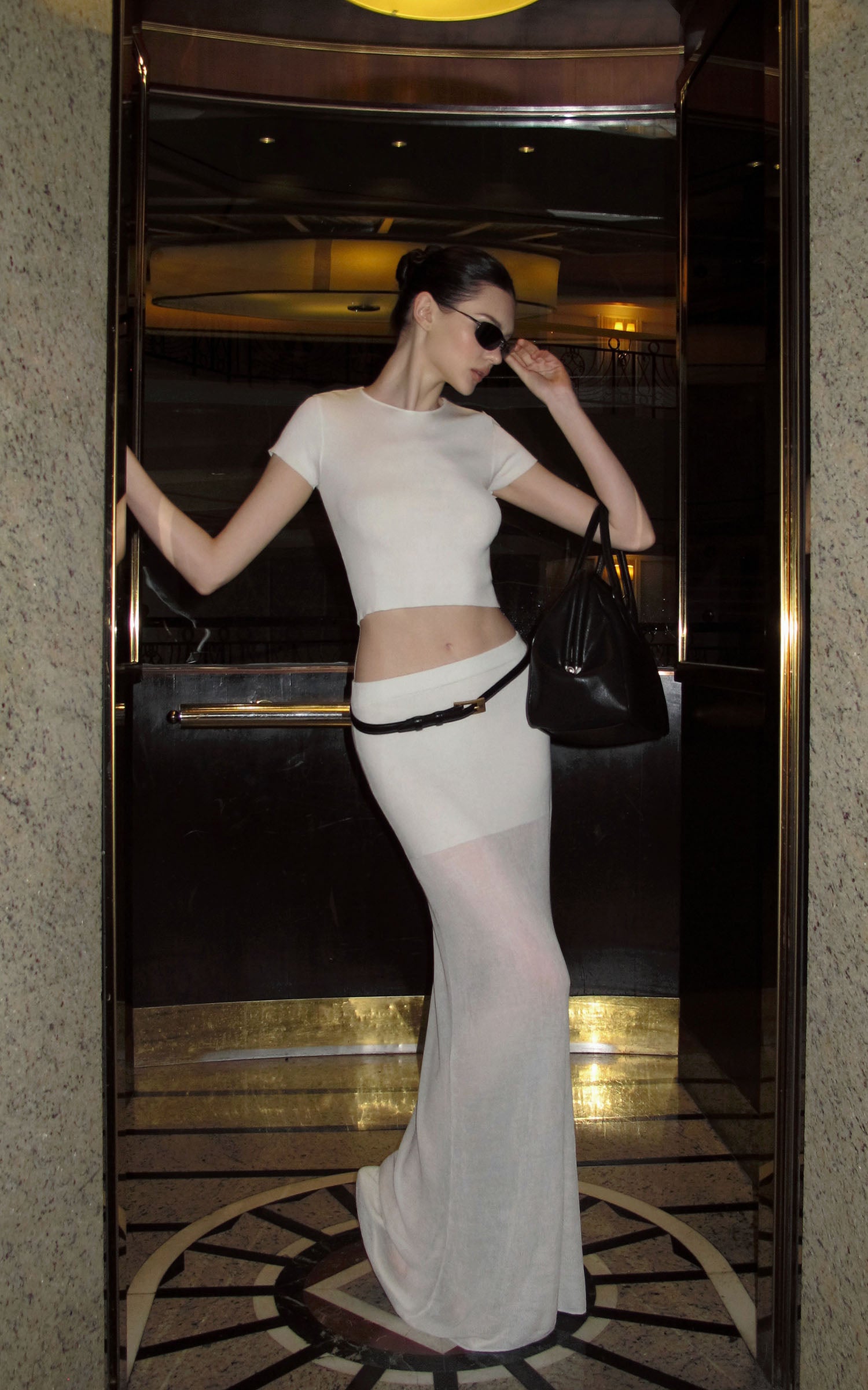 0122stepll Sheer Knit Maxi Skirt &amp; Baby Tee Set