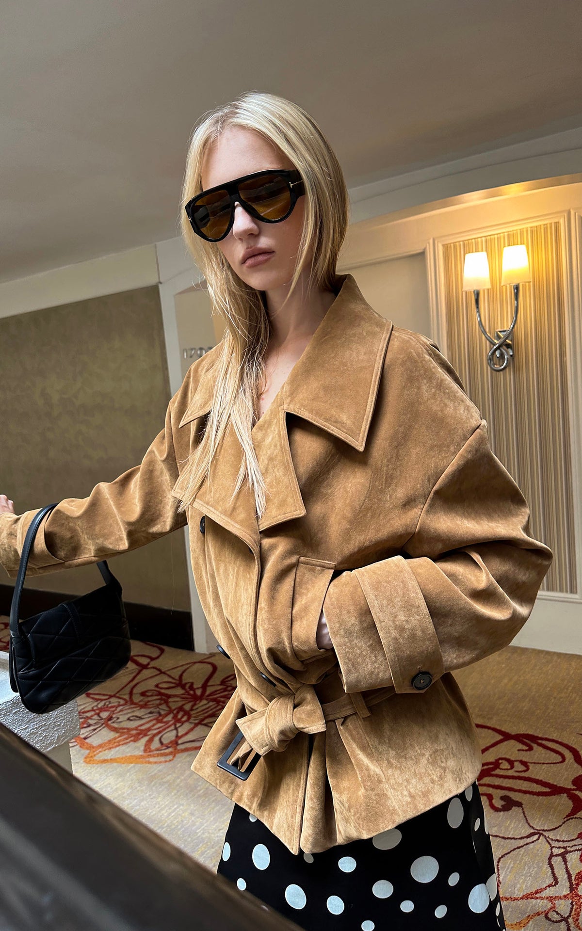 0122stepll Vintage Suede Oversized Double Breasted Belted Trench Jacket