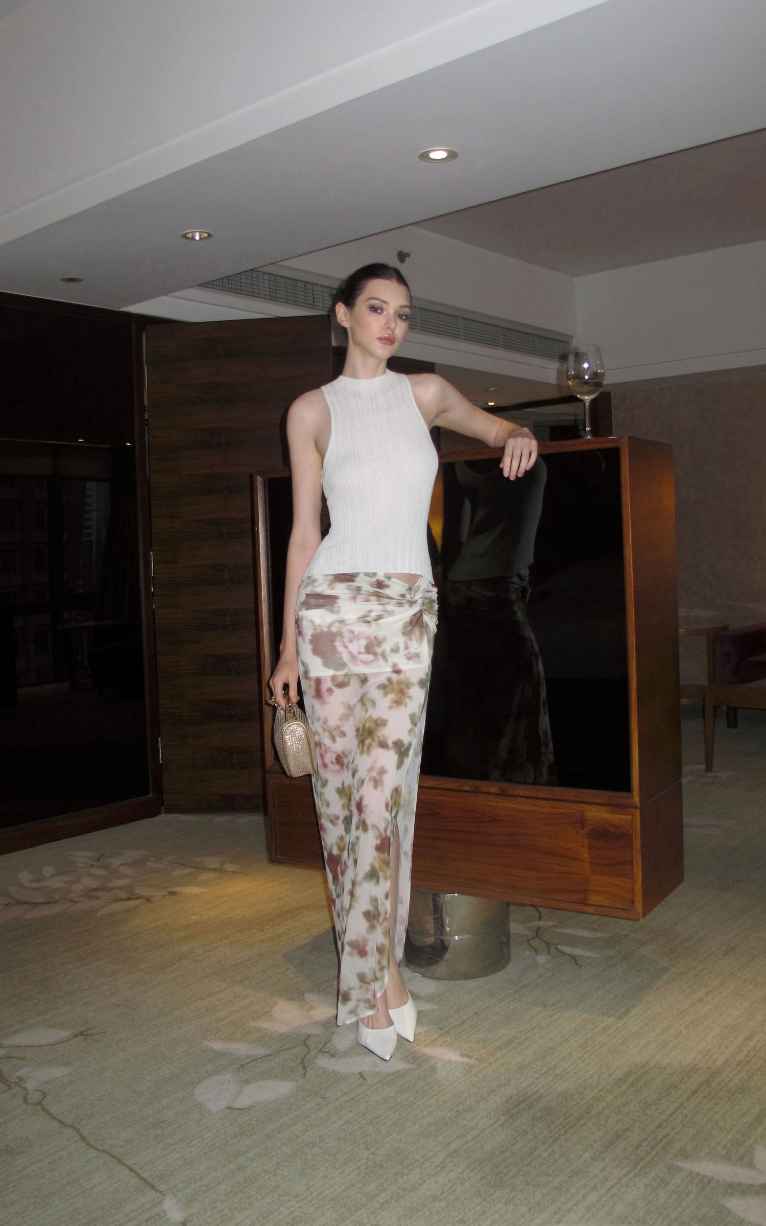 0122stepll Floral Twist Mesh Maxi Skirt