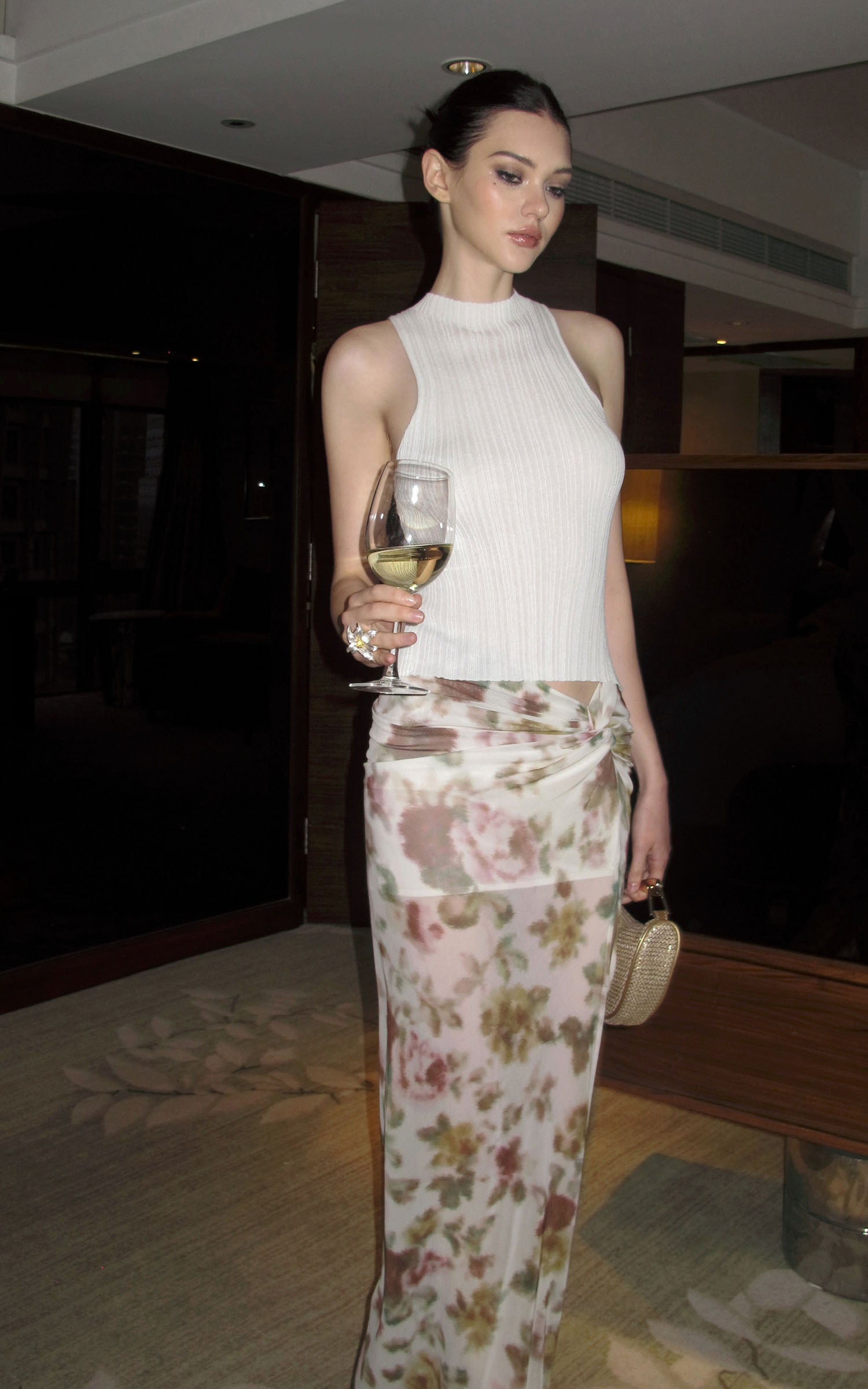 0122stepll Floral Twist Mesh Maxi Skirt