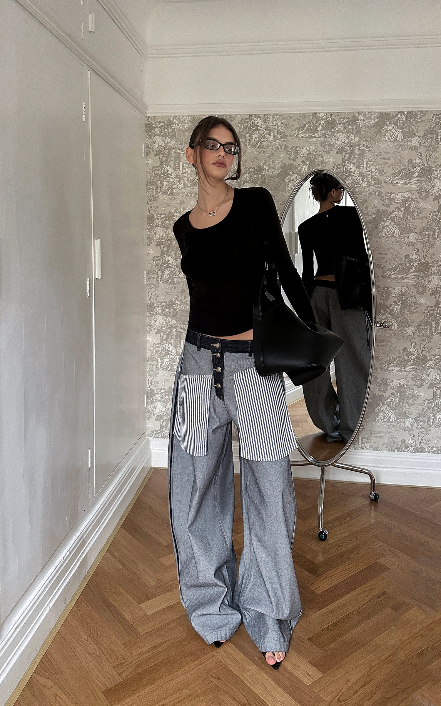 0122stepll Contrast Panel Wide Leg Denim Pants