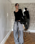 0122stepll Contrast Panel Wide Leg Denim Pants