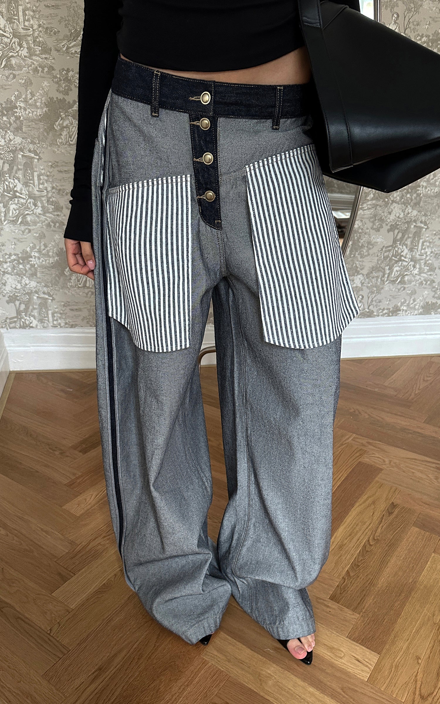 0122stepll Contrast Panel Wide Leg Denim Pants