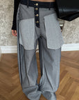 0122stepll Contrast Panel Wide Leg Denim Pants