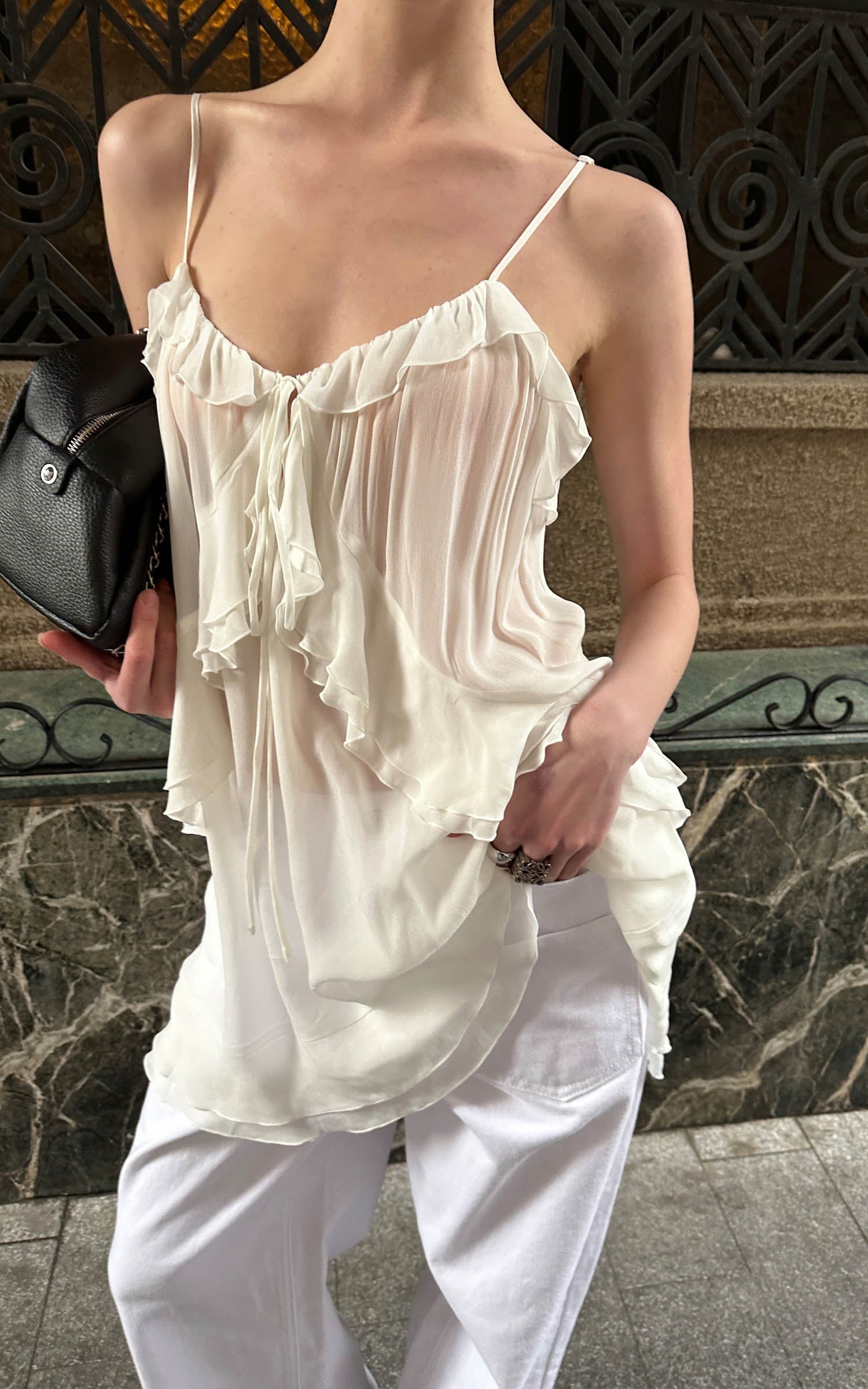 0122stepll Sheer Ruffle Tie Camisole Top