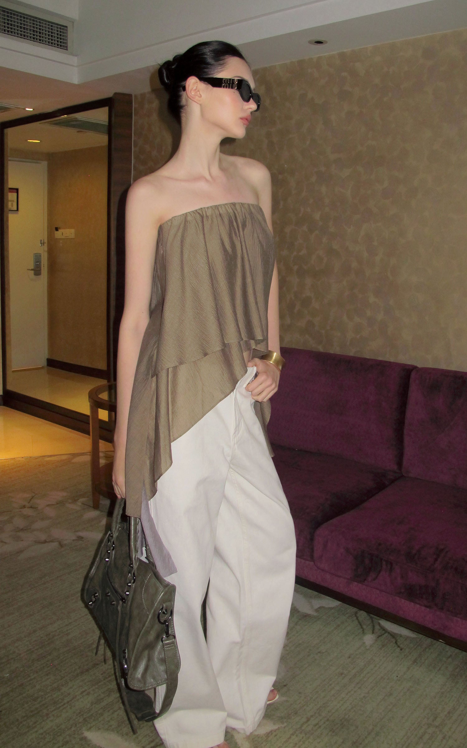 0122stepll Asymmetric Draped One-Shoulder Top