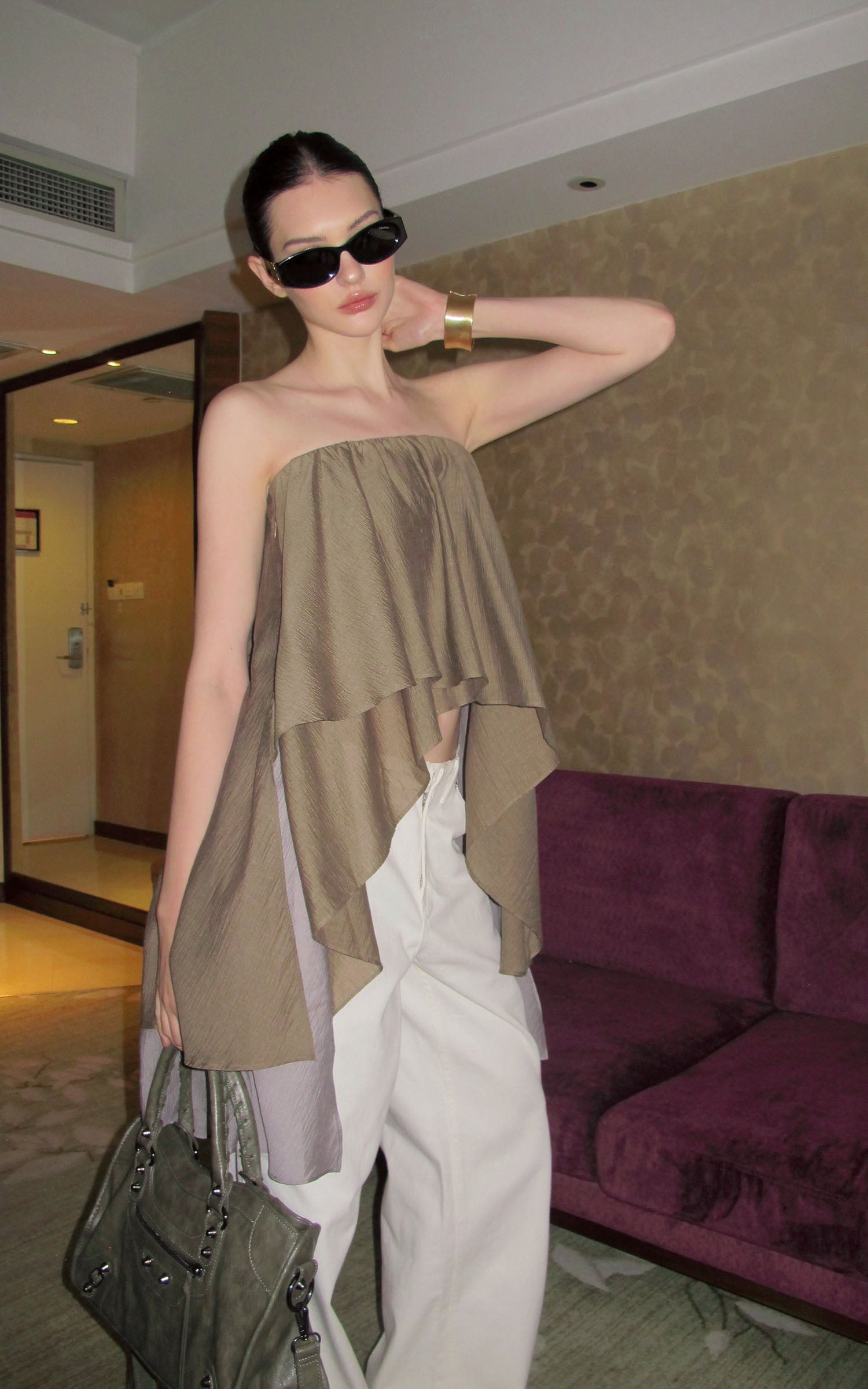 0122stepll Asymmetric Draped One-Shoulder Top
