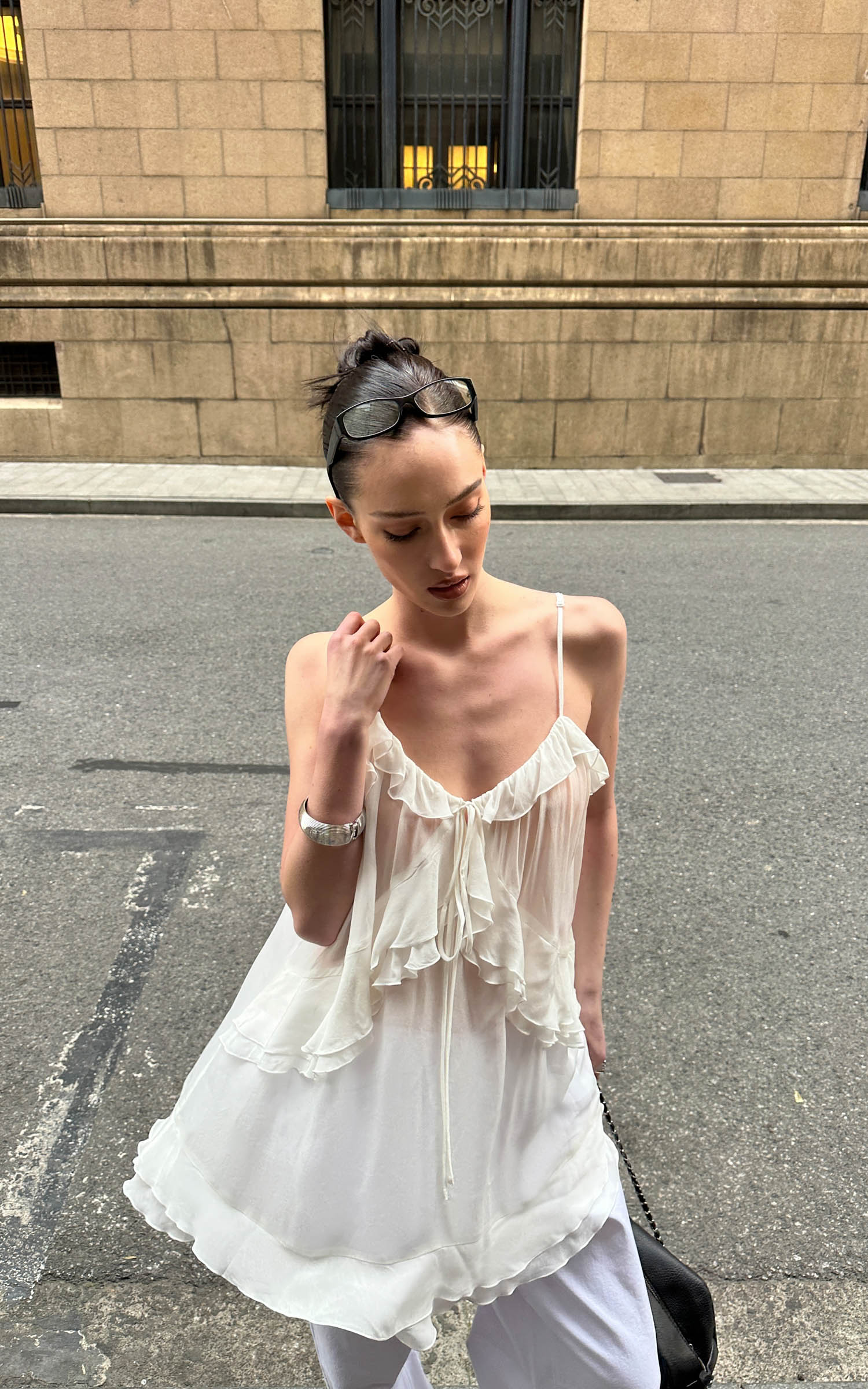 0122stepll Sheer Ruffle Tie Camisole Top