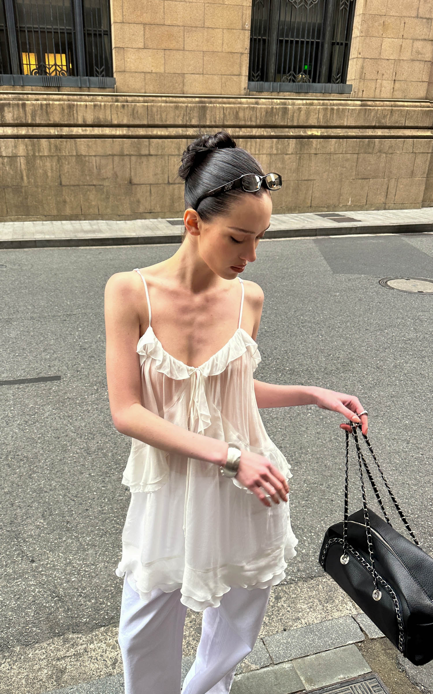 0122stepll Sheer Ruffle Tie Camisole Top