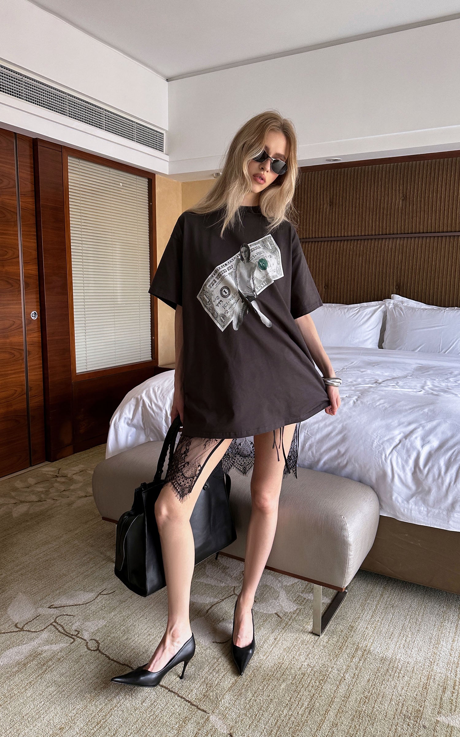 0122stepll Banknote Graphic Oversized T-Shirt