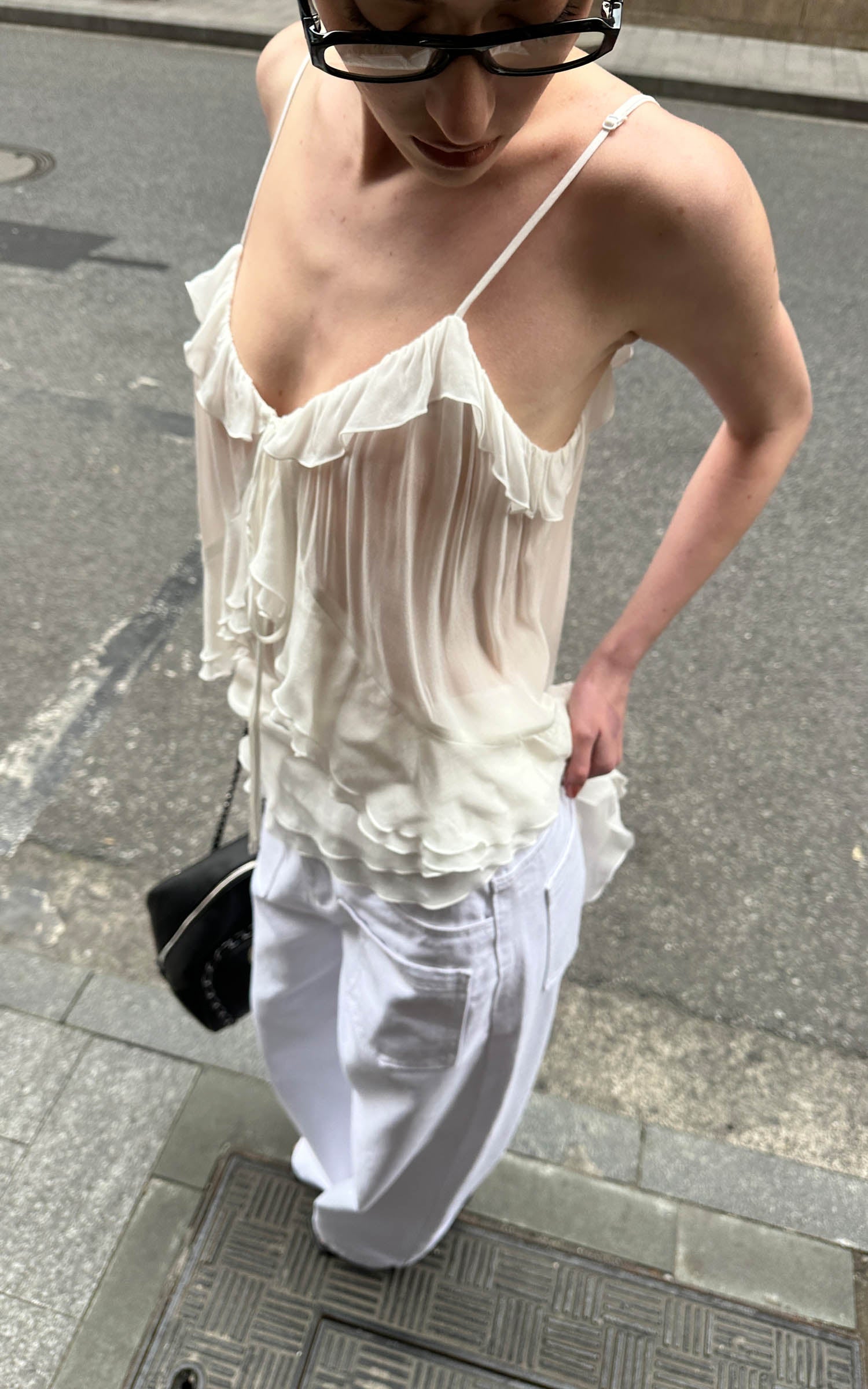 0122stepll Sheer Ruffle Tie Camisole Top