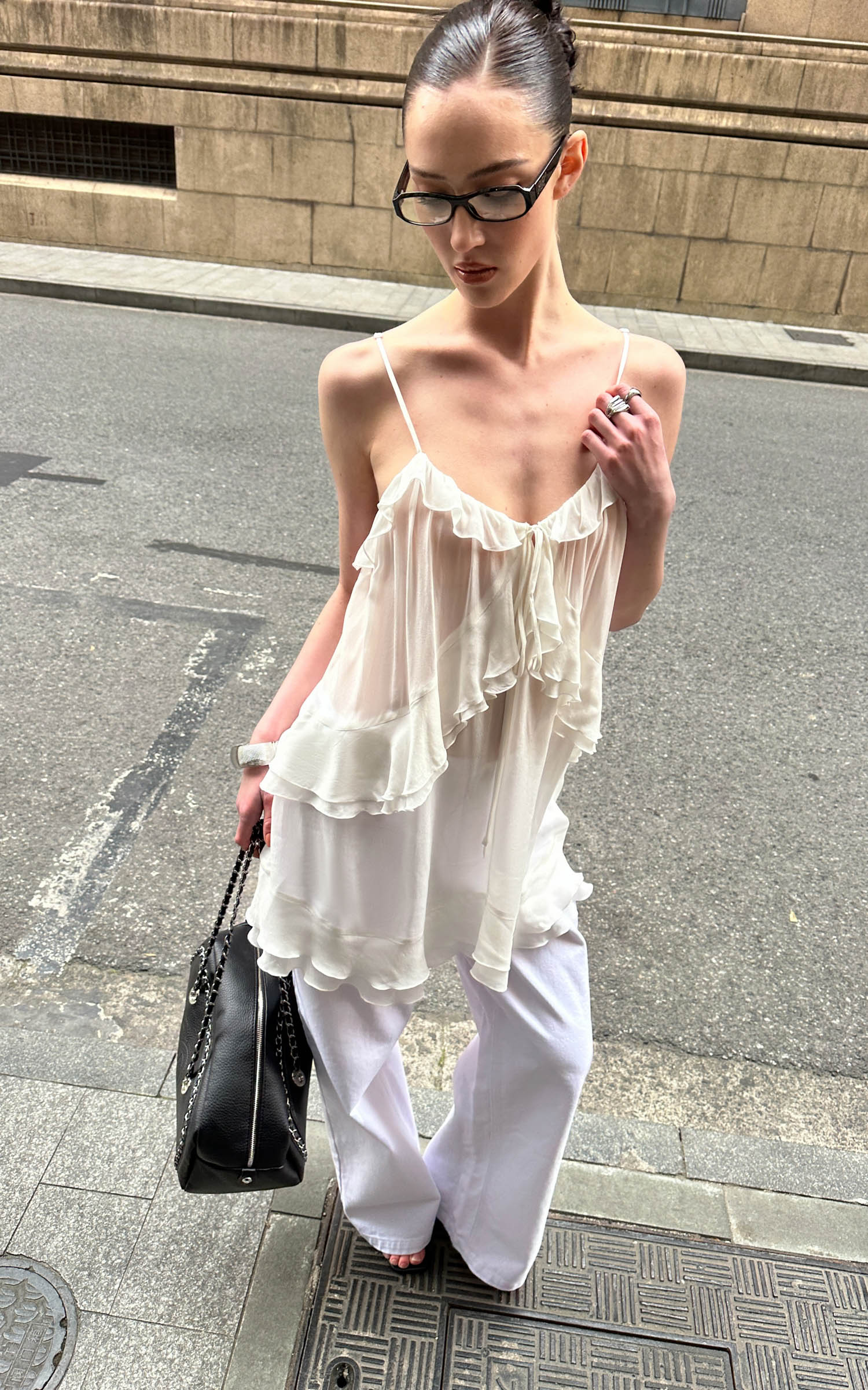 0122stepll Sheer Ruffle Tie Camisole Top