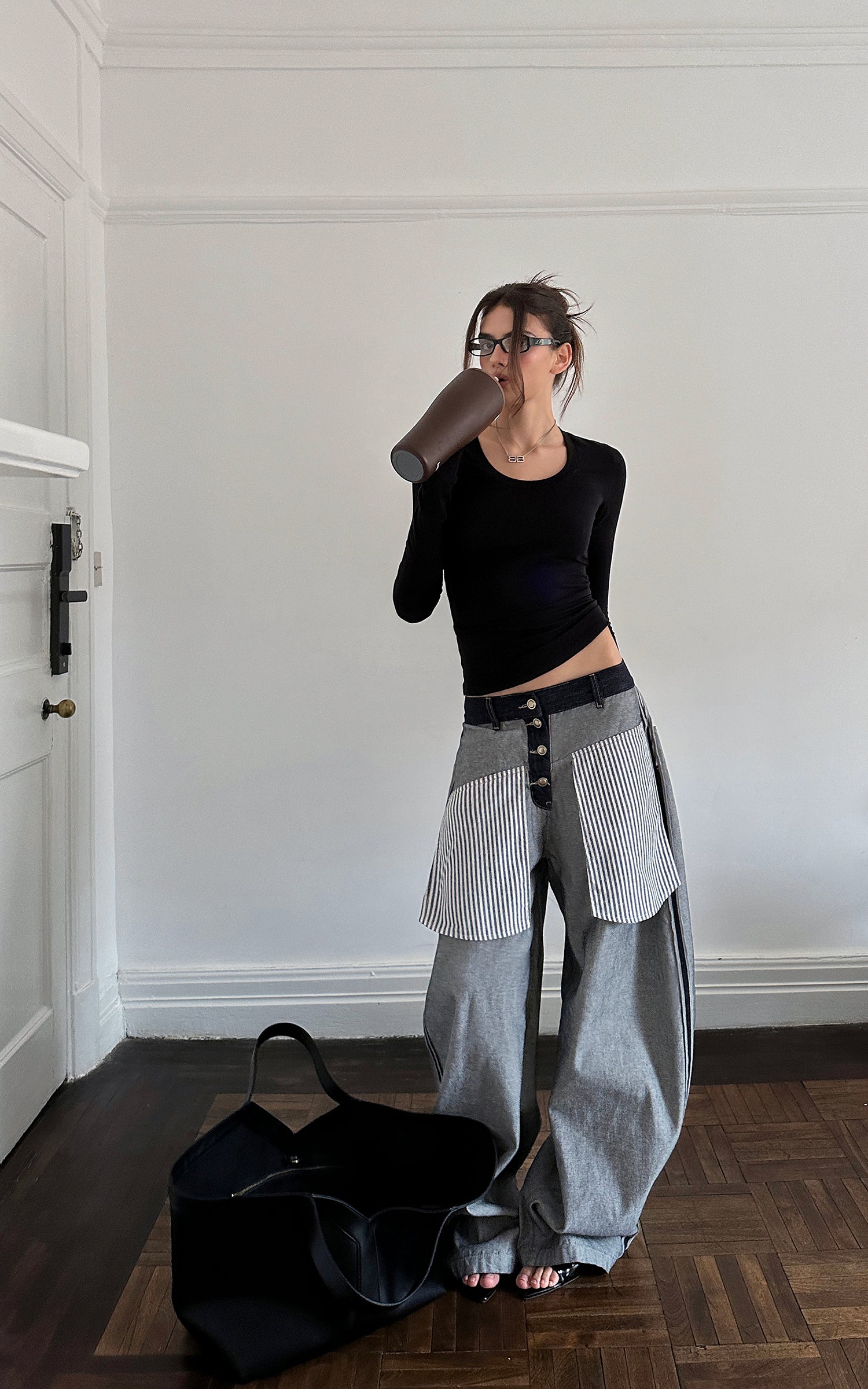 0122stepll Contrast Panel Wide Leg Denim Pants