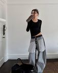 0122stepll Contrast Panel Wide Leg Denim Pants