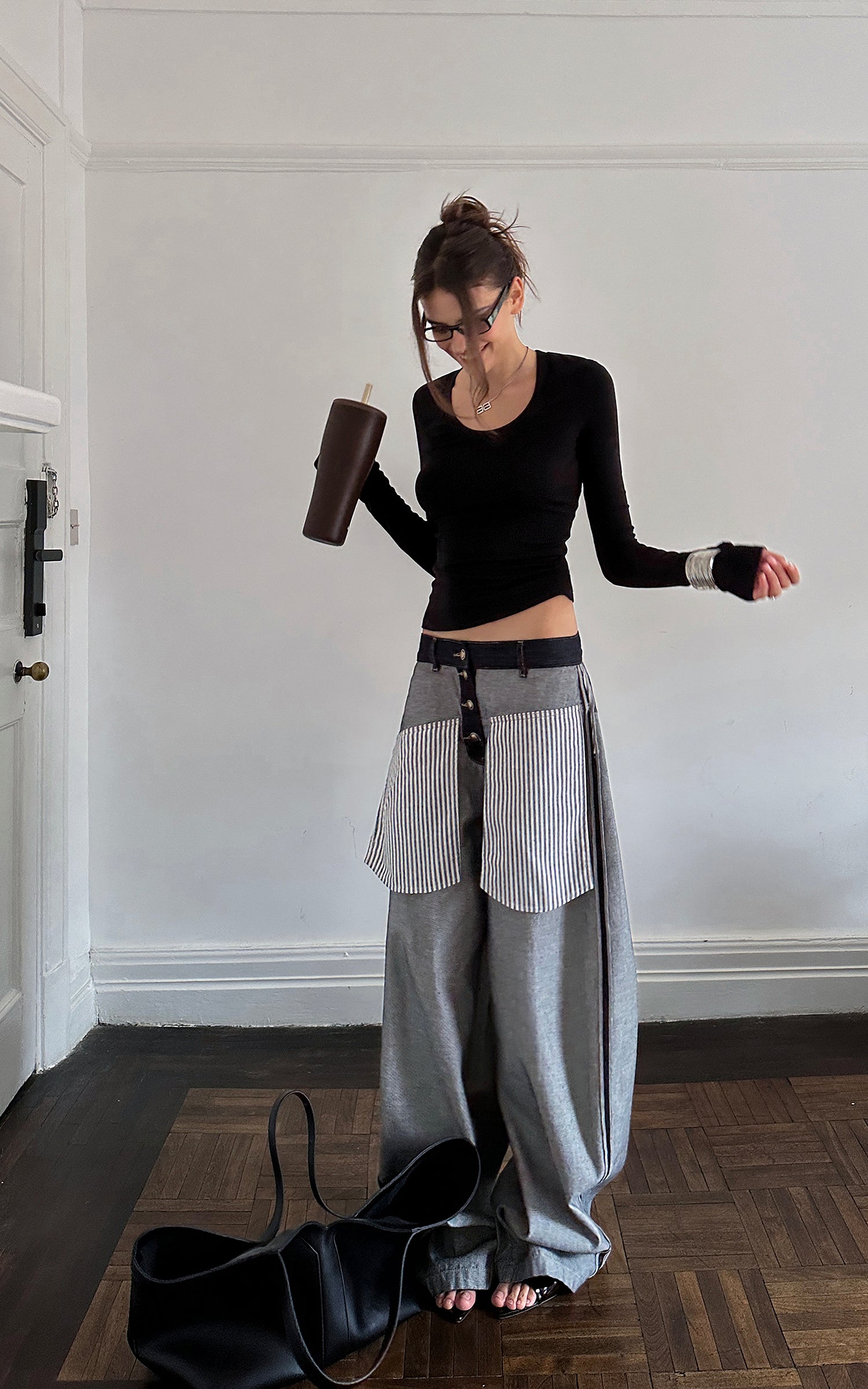 0122stepll Contrast Panel Wide Leg Denim Pants