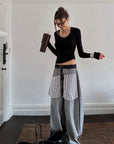 0122stepll Contrast Panel Wide Leg Denim Pants