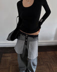 0122stepll Contrast Panel Wide Leg Denim Pants