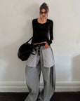 0122stepll Contrast Panel Wide Leg Denim Pants