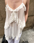 0122stepll Sheer Ruffle Tie Camisole Top